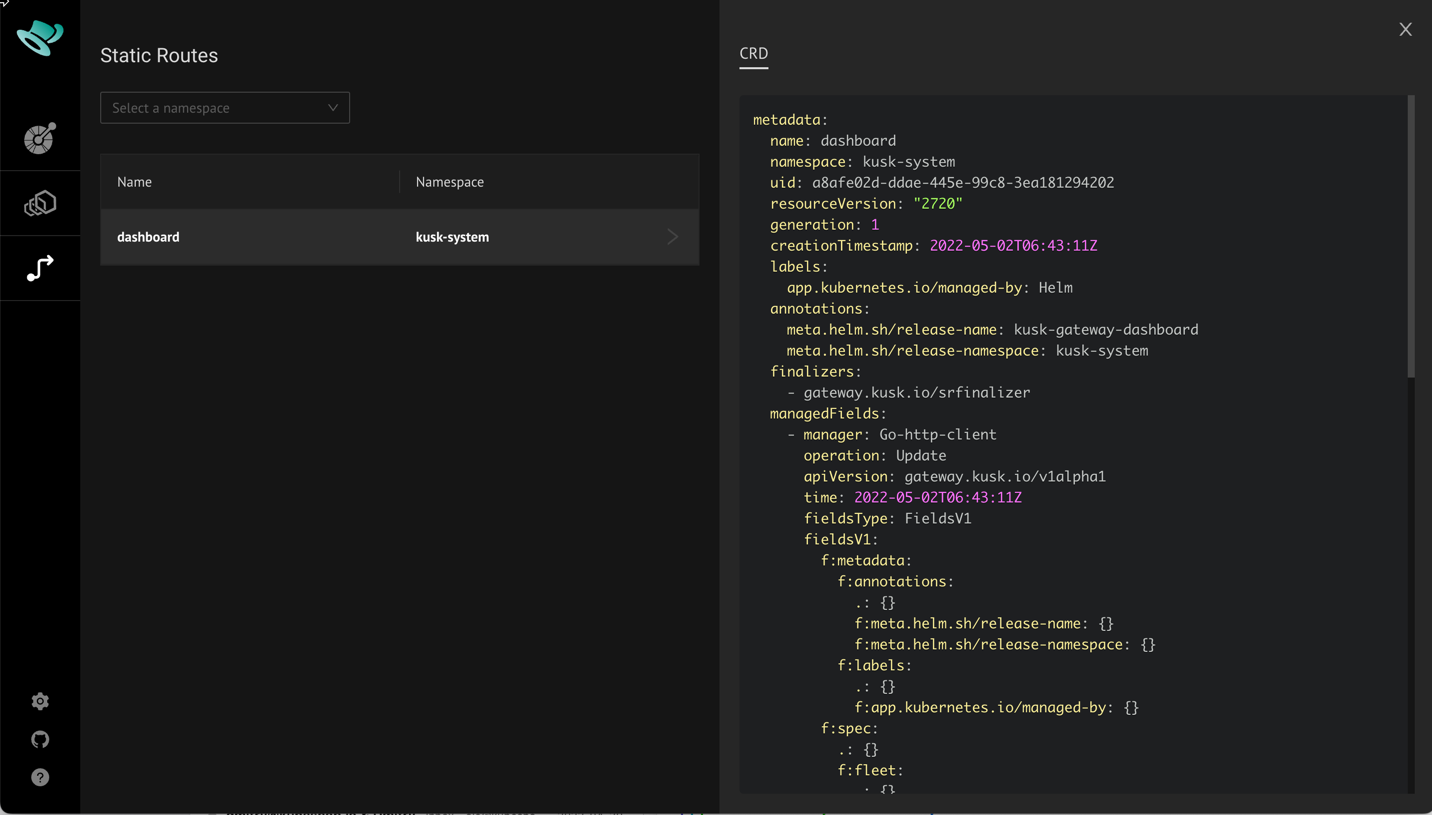 Kusk Dashboard StaticRoutes